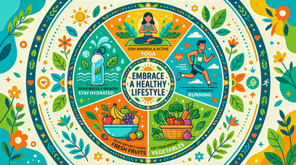 Obraz premium Minimal flat design of healthy living icons including physical activity, fresh food, and hydration, arranged in a colorful and modern vector illustration with a balanced layout.