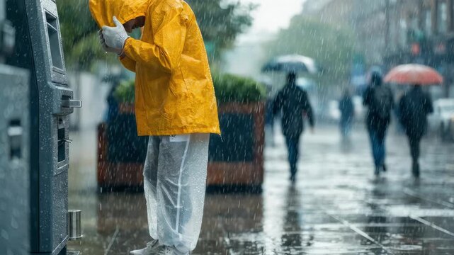 Technician finetuning a selfservice deposit and withdrawal device on a busy campus with the foreground machine crisp and bustling background figures faded.