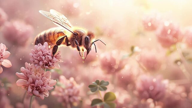 golden honeybee hovering over tiny flowers in glowing dusk light, pollen motes drifting, macro view of fuzzy body and translucent wings, warm bokeh background,