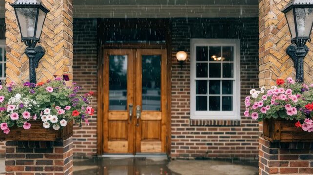 Smalltown credit union exterior framed by vintage street lamps and flower boxes showcasing a crisp entryway with the surrounding quiet street out of focus.