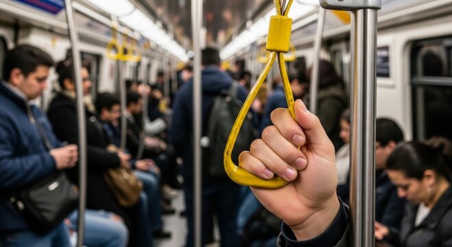 Man holding yellow hand strap on subway train. Daily commuter riding metro carriage. Urban public transportation concept, city travel and passenger journey in metropolitan underground transit.