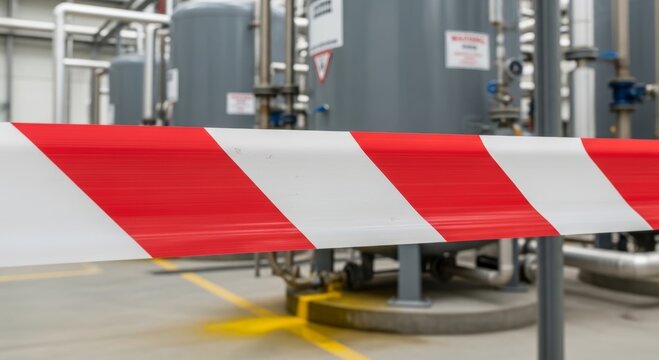 Red and white barrier tape marking restricted area in industrial factory facility. Safety zone at production site. Hazard warning for worker protection and access control in plant.