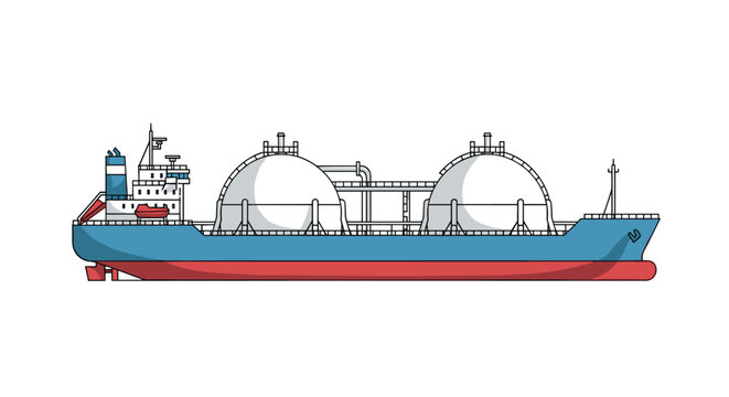 A large blue and red liquefied natural gas tanker ship with two prominent white spherical tanks is shown in profile on a white background.
