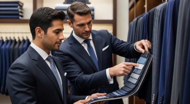 Tailor assisting man with fabric choice for custom suit in shop. Professional clothier and customer selecting textile swatch in atelier. High end clothing store and fashion service.