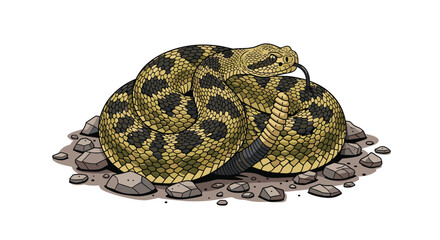 Fototapeta premium A coiled rattlesnake with a forked tongue rests on rocky ground against a plain white background.