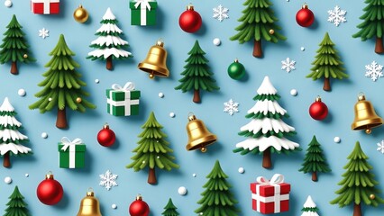 Obraz premium Seamless holiday pattern with trees gifts bells and snowflakes