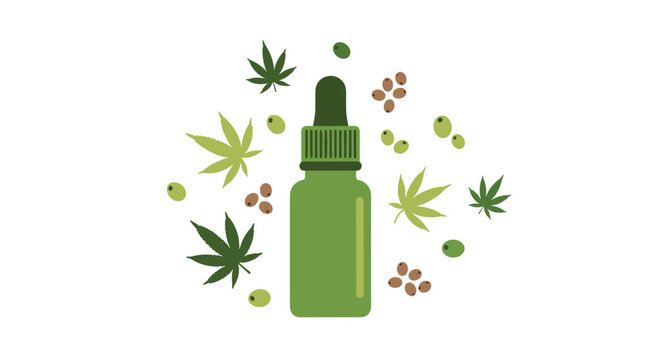 A green dropper bottle is surrounded by cannabis leaves, green berries, and brown seeds on a plain white background.