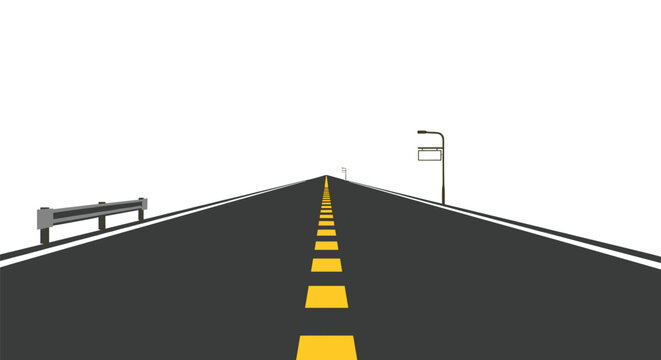 A long straight road with yellow dashed lines stretches into the distance under a vast white sky.