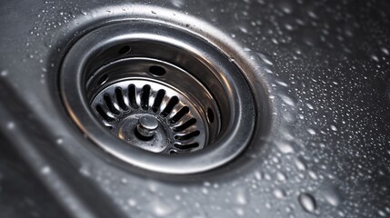 Obraz premium Close-up of wet stainless steel sink drain with water droplets