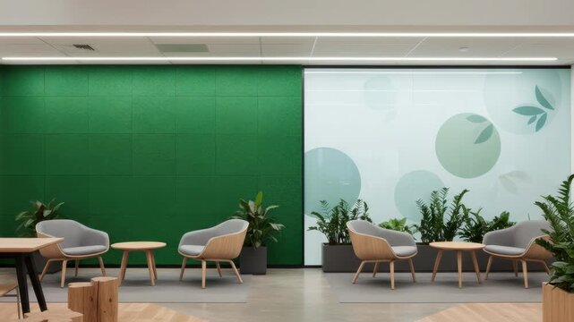 Renovated green bank branch medium shot showcasing a vibrant green wall in focus with modern furniture and subdued signage about carbon footprint softly blurred.