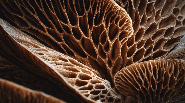 Close-up detailed macro shot of textured brown mushroom gills lighting