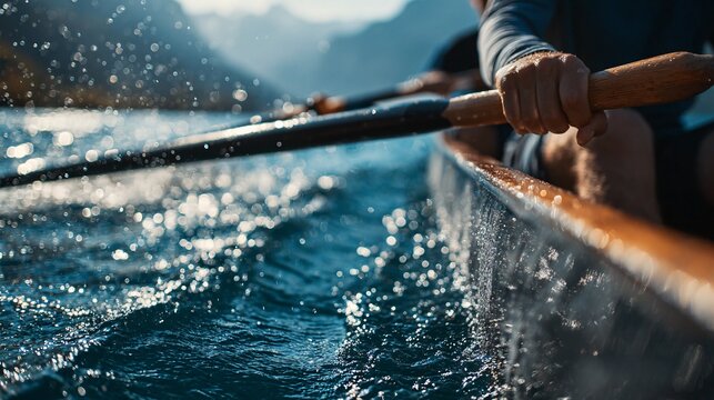 Close-Up of Hand Rowing Paddle Creating Water Splashes in Outdoor Lake