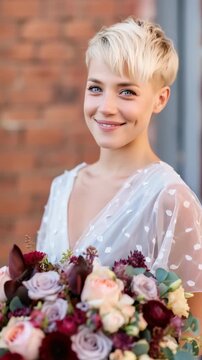 Young caucasian female adult smiling with short blonde pixie haircut holding pastel and burgundy bouquet against brick wall urban bridal portrait