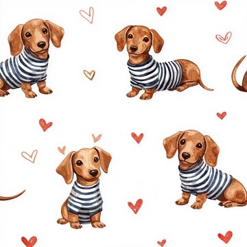 Watercolor pattern of dachshund dogs in striped sweaters with small red hearts