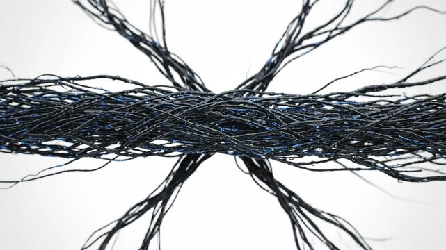 Abstract closeup of tangled black threads forming a dense interwoven pattern against a stark white background creating a visually striking texture