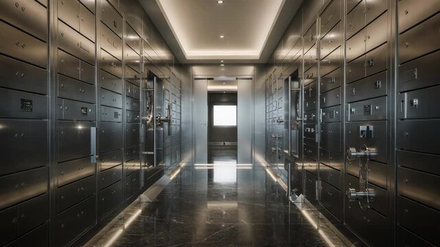 Medium shot showing a luxury bank vault corridor with polished steel deposit boxes reflecting ambient lights evoking sophistication and trust.
