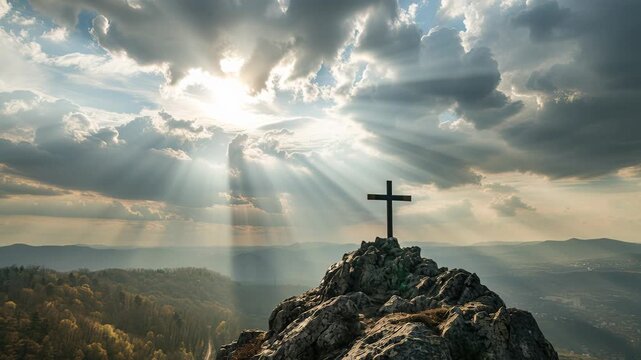 Mountain cross on rocky summit under sunbeams, dramatic clouds part to reveal golden rays over misty valley, cinematic light casting silhouette of wooden cross,