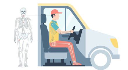 Fototapeta premium A delivery driver ensures safety while driving a van near a human skeleton model.