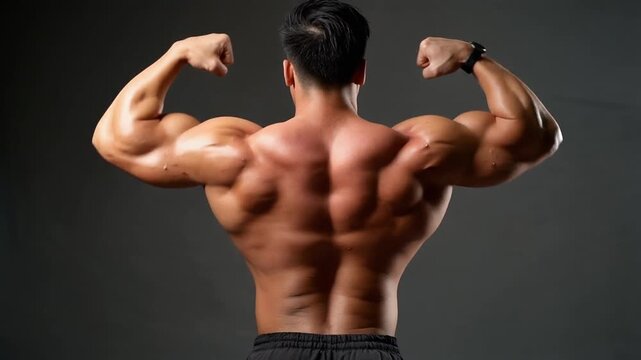 Muscular male bodybuilder flexing back muscles emphasizing strength symmetry and intense physical conditioning