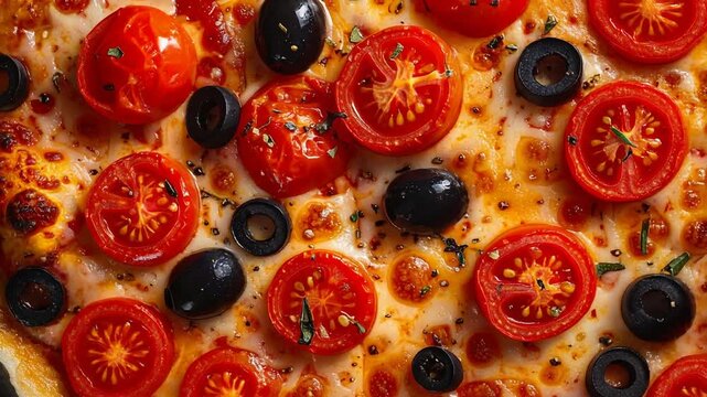 Close up of pizza surface with olives tomatoes and melted cheese emphasizing texture and rich toppings