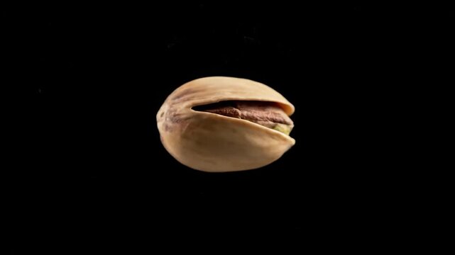 Closeup of a single pistachio nut with a partially open shell revealing the green kernel against a black background