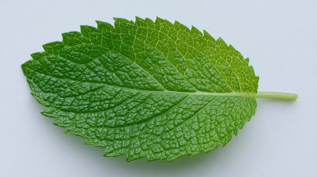 Close-up of fresh green mint leaf with detailed texture on white background
