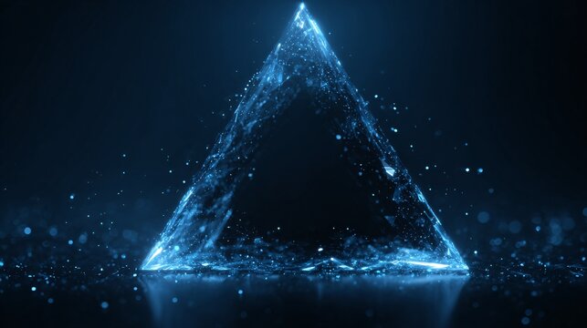 Glowing blue digital triangle with abstract particle effects on dark background