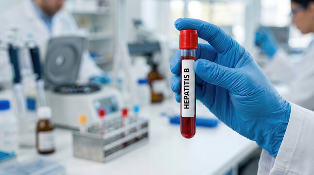 Laboratory technician in blue gloves holds a blood sample labeled Hepatitis B in a modern medical lab with equipment and vials in the background