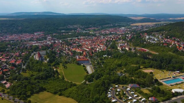 Aerial view beside the old town city and castle in Meiningen in Germany, Thuringia  on a sunny afternoon in spring. 