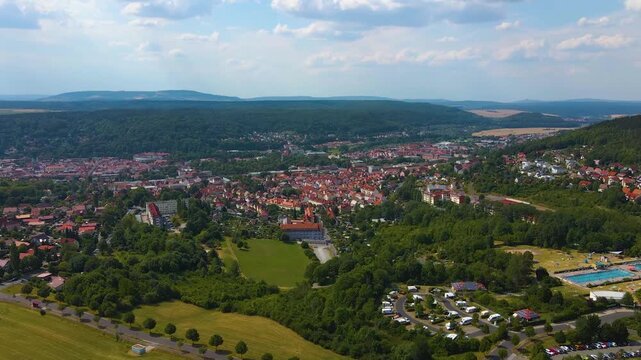 Aerial view beside the old town city and castle in Meiningen in Germany, Thuringia  on a sunny afternoon in spring. 