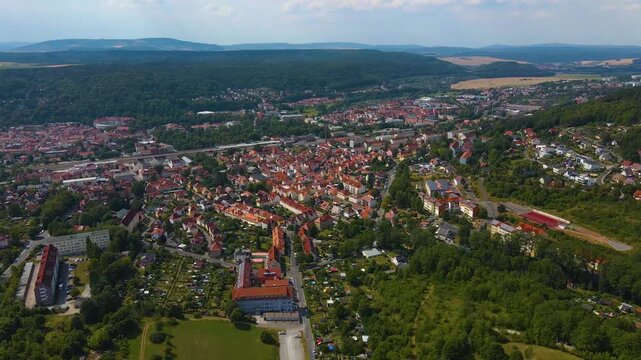 Aerial view beside the old town city and castle in Meiningen in Germany, Thuringia  on a sunny afternoon in spring. 