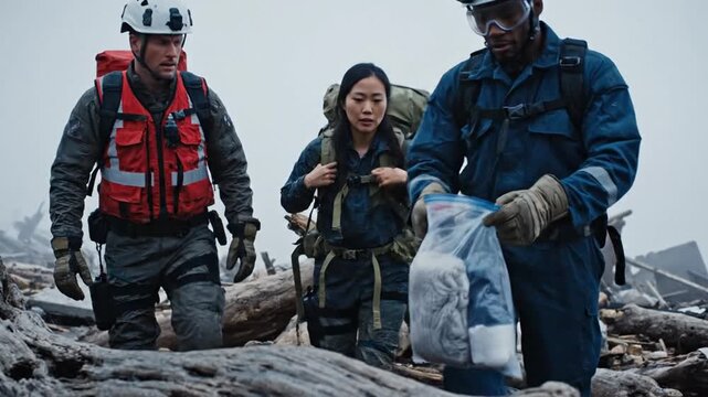 Explorers in Protective Gear Walking Through a Desolate Ruined Landscape After an Environmental Disaster While Holding Scientific Samples in a Plastic Container