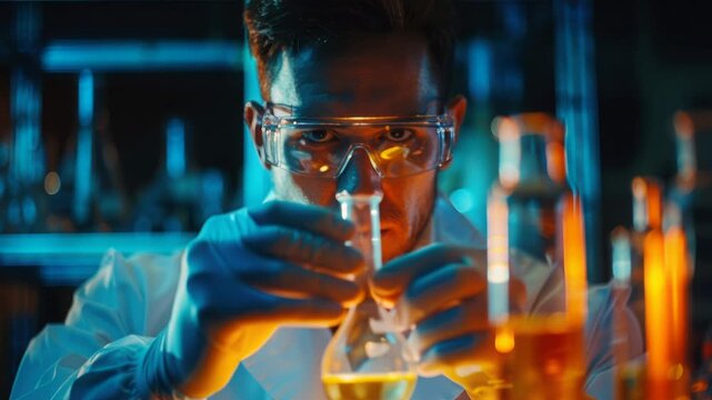 Caucasian scientist inspects orange solution in laboratory wearing blue gloves and safety goggles, holding Erlenmeyer flask up to light with focused expression,