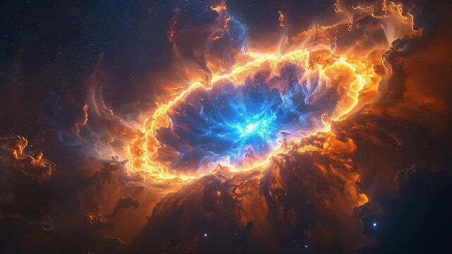 Fiery cosmic explosion with bright blue energy core surrounded by swirling orange plasma in deep space