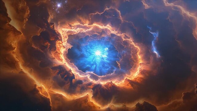 Cosmic explosion with bright energy core and fiery clouds illustrating abstract space phenomenon