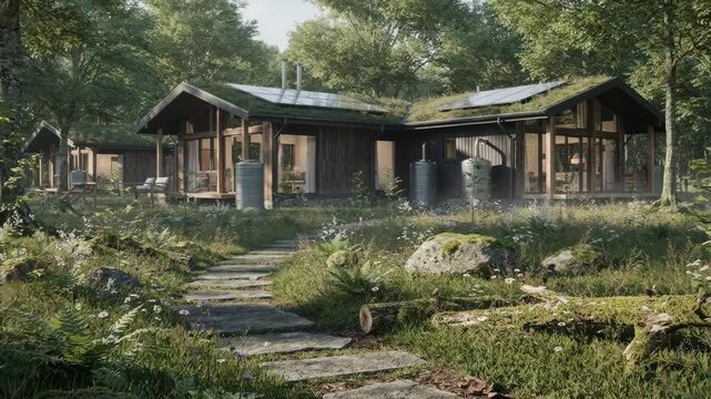 Clear medium shot highlighting rewilded landscaping with native plants around a woodland lodge complex featuring solar panels and rainwater tanks in precise focus.