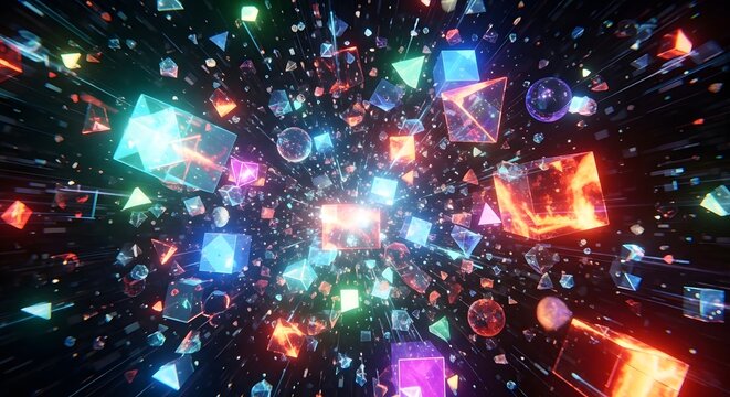 Abstract 3D geometric shapes exploding from central light. Futuristic neon cubes and pyramids in motion. Digital energy and technology background