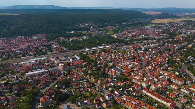 Aerial view beside the old town city and castle in Meiningen in Germany, Thuringia  on a sunny afternoon in spring. 
