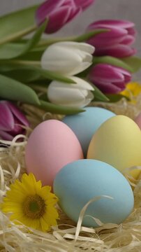 Easter Eggs and Spring Tulips Vertical Scene Generative AI