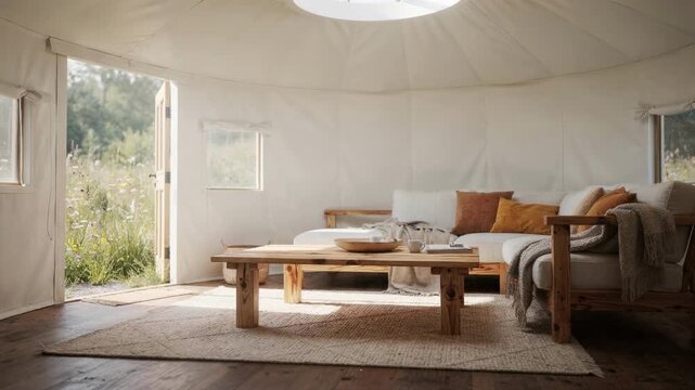 Bright yurt accommodation with diffuse light from skylight handcrafted low furniture in sharp detail wilderness meadow softly blurred outside.