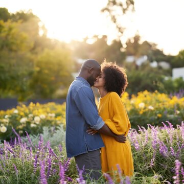 African male female adult couple embracing in wildflower field at sunset with lavender and yellow blooms romantic outdoor portrait