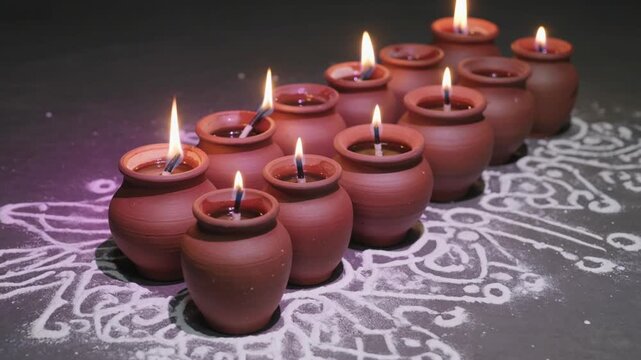 Row Of Lit Earthen Diya Lamps On Dark Background With White Rangoli Patterns