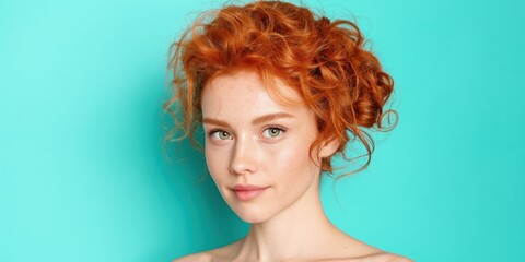 Naklejka premium Female caucasian young closeup portrait red hair curly updo green eyes fresh natural beauty