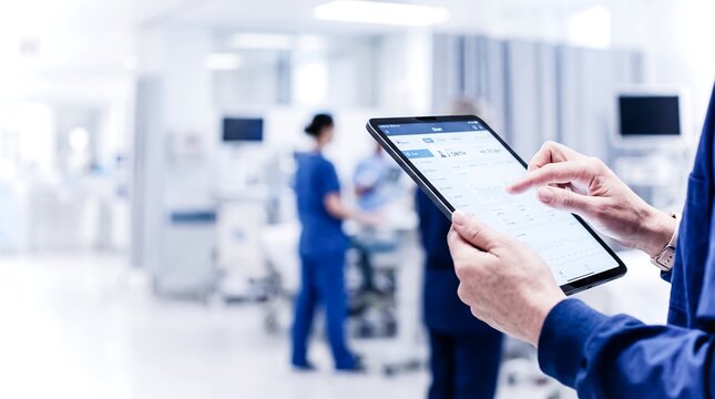 Close up of doctor hands using digital tablet for medical healthcare technology in a modern hospital clinic