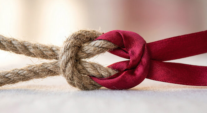 A surreal realism close up of a rough jute rope and a smooth red satin ribbon tied in a knot symbolizing differences