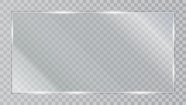 Transparent glass panel mockup with realistic glare and light reflection, clear acrylic window frame isolated on transparent background