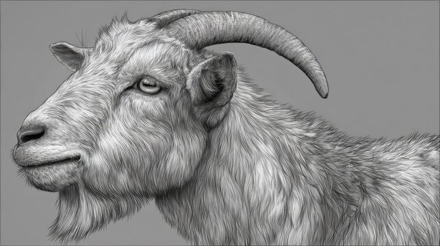 Detailed grayscale illustration depicts the head and shoulders of a domestic goat with prominent horns