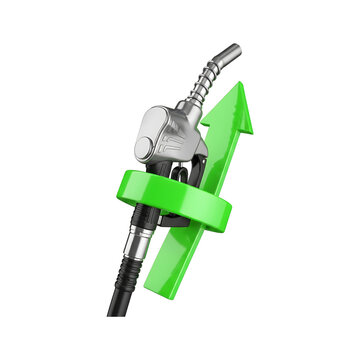 A metallic gasoline fuel pump nozzle entwined with a bright green upward trending growth arrow