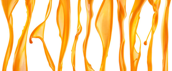 Fototapeta premium Orange juice splashes, flowing streams Isolated on white background