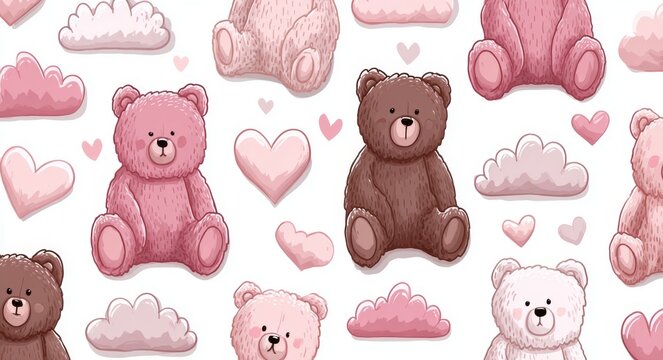The delightful repeating pattern of cute cartoon teddy bears and gentle celestial shapes appears on a white background